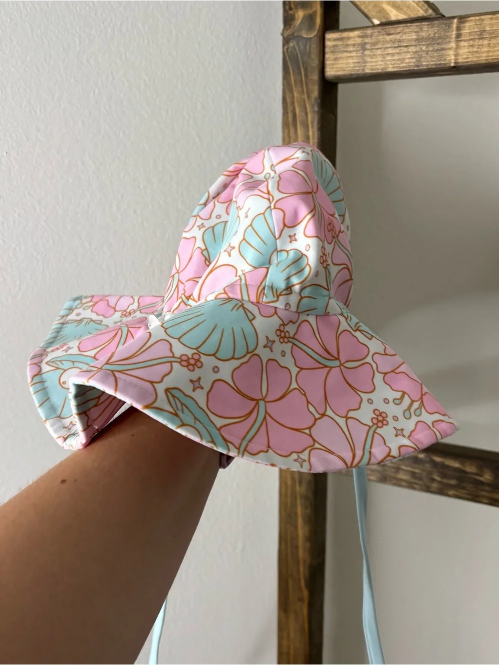 Caden Lane Kids Floral Swim Bucket Hat - Pink & Light Blue Size S